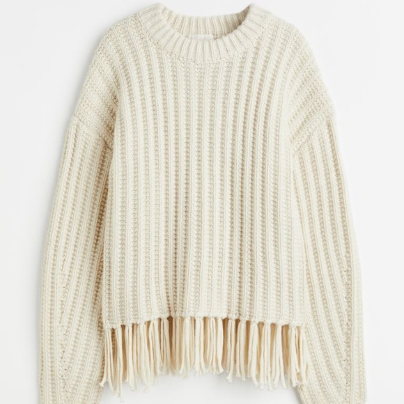 BNWT H&M Fringe-Trimmed Chunky Knit Cream Sweater XXL - Picture 1 of 6